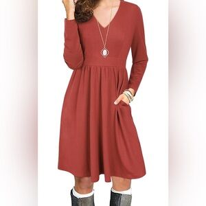 Women's Fall Casual Long Sleeve Dresses V Neck Swing Midi Dress with Pockets